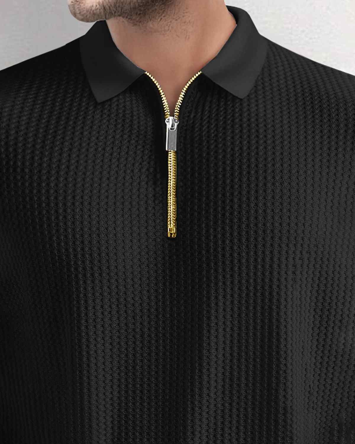 Black Long Sleeve Waffle T Shirt with Polo Fit