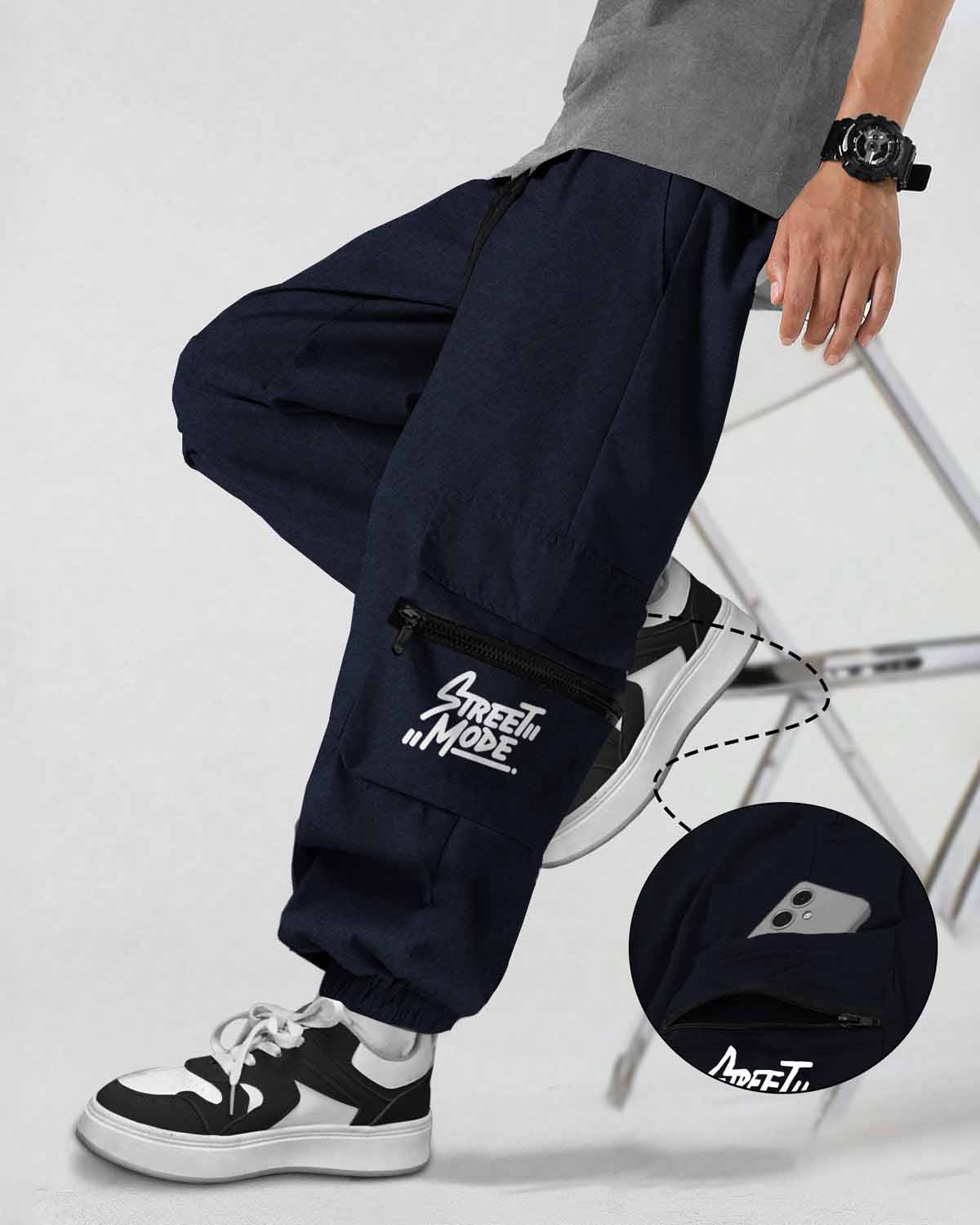Navy Blue Printed Baggy Cargo Joggers