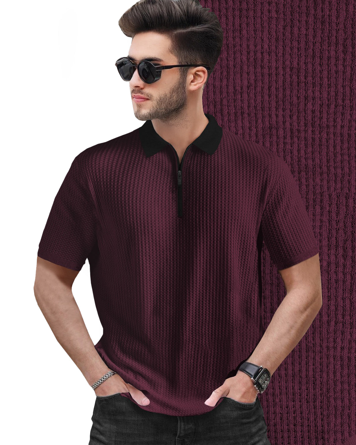 Polo Fit Waffle T Shirt Maroon with Short Sleeve