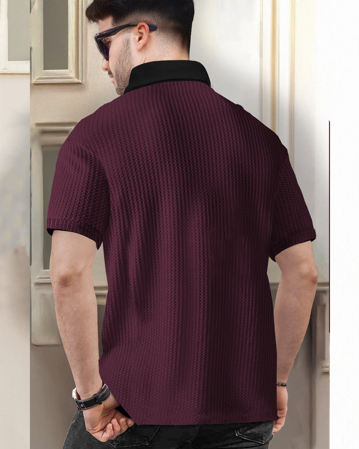 Polo Fit Waffle T Shirt Maroon with Short Sleeve