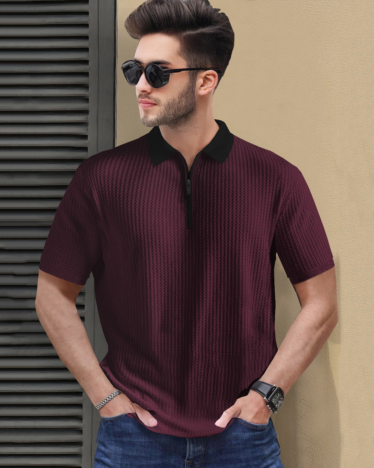 Polo Fit Waffle T Shirt Maroon with Short Sleeve
