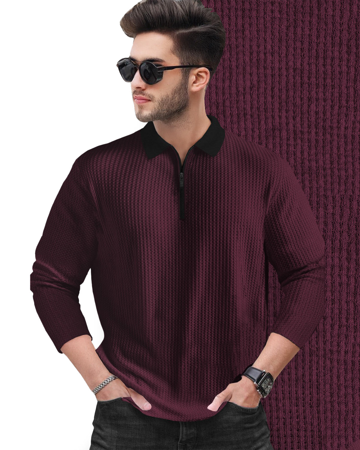Maroon Polo Fit Zip Waffle T Shirt with Long Sleeves