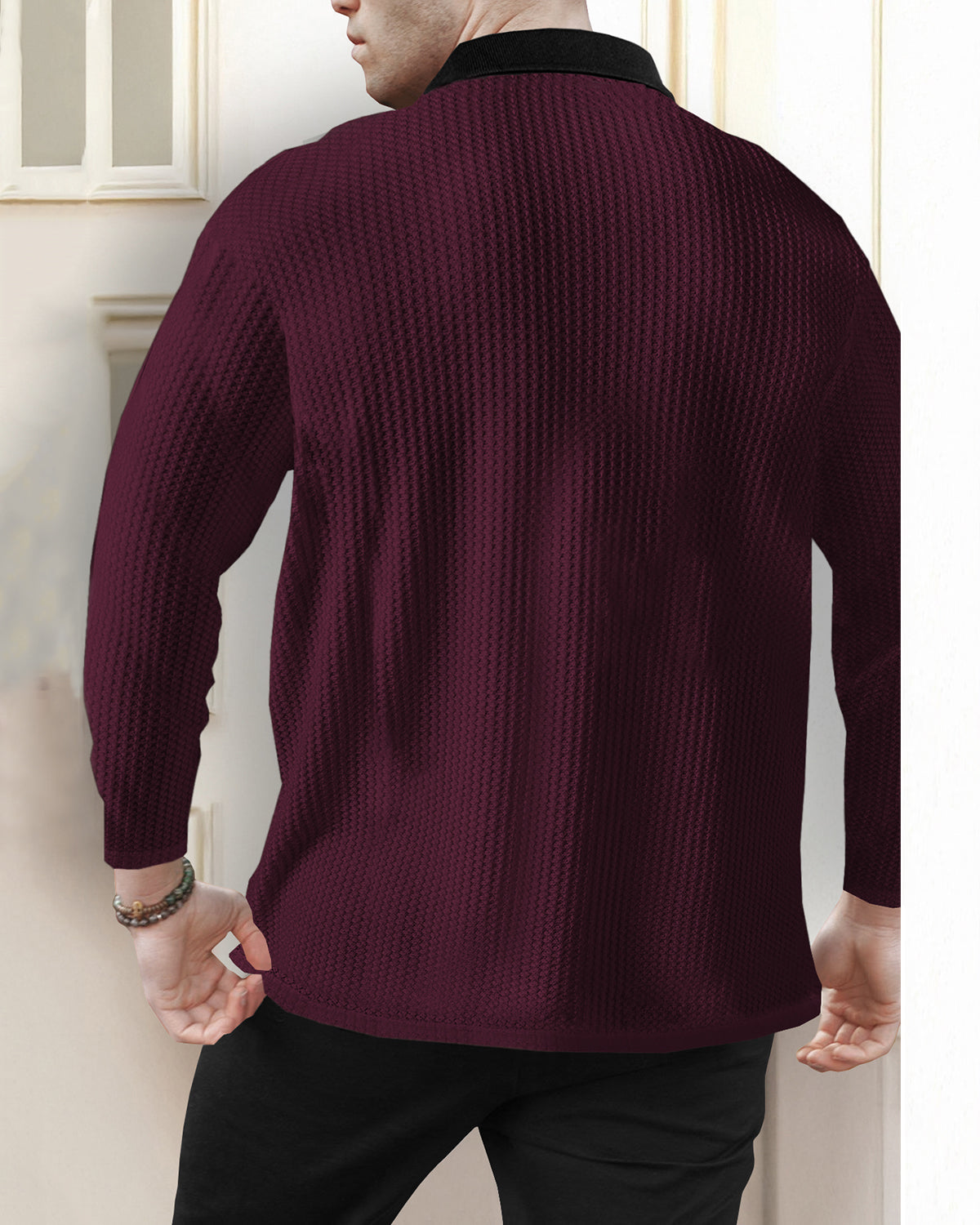 Maroon Polo Fit Zip Waffle T Shirt with Long Sleeves