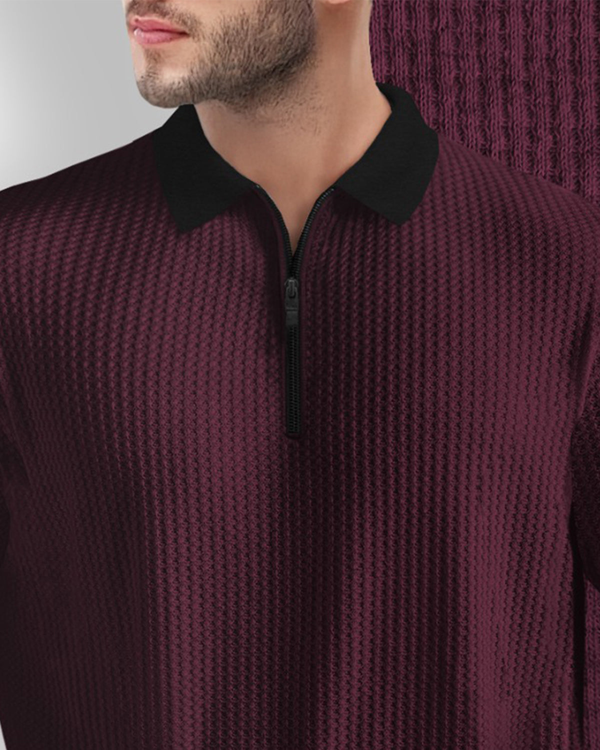 Maroon Polo Fit Zip Waffle T Shirt with Long Sleeves