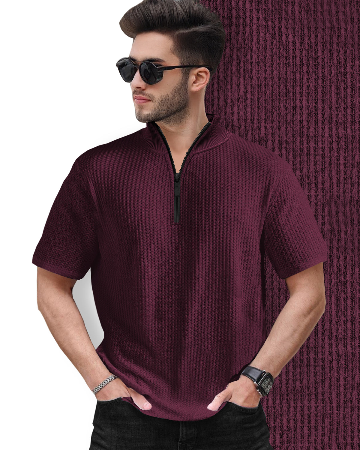 Waffle T Shirt in Maroon with Half Sleeves and High Neck