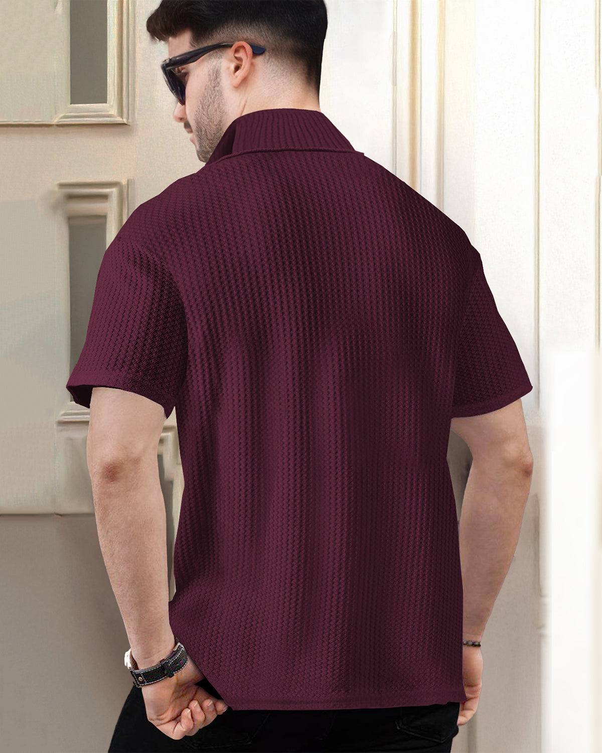 Waffle T Shirt in Maroon with Half Sleeves and High Neck