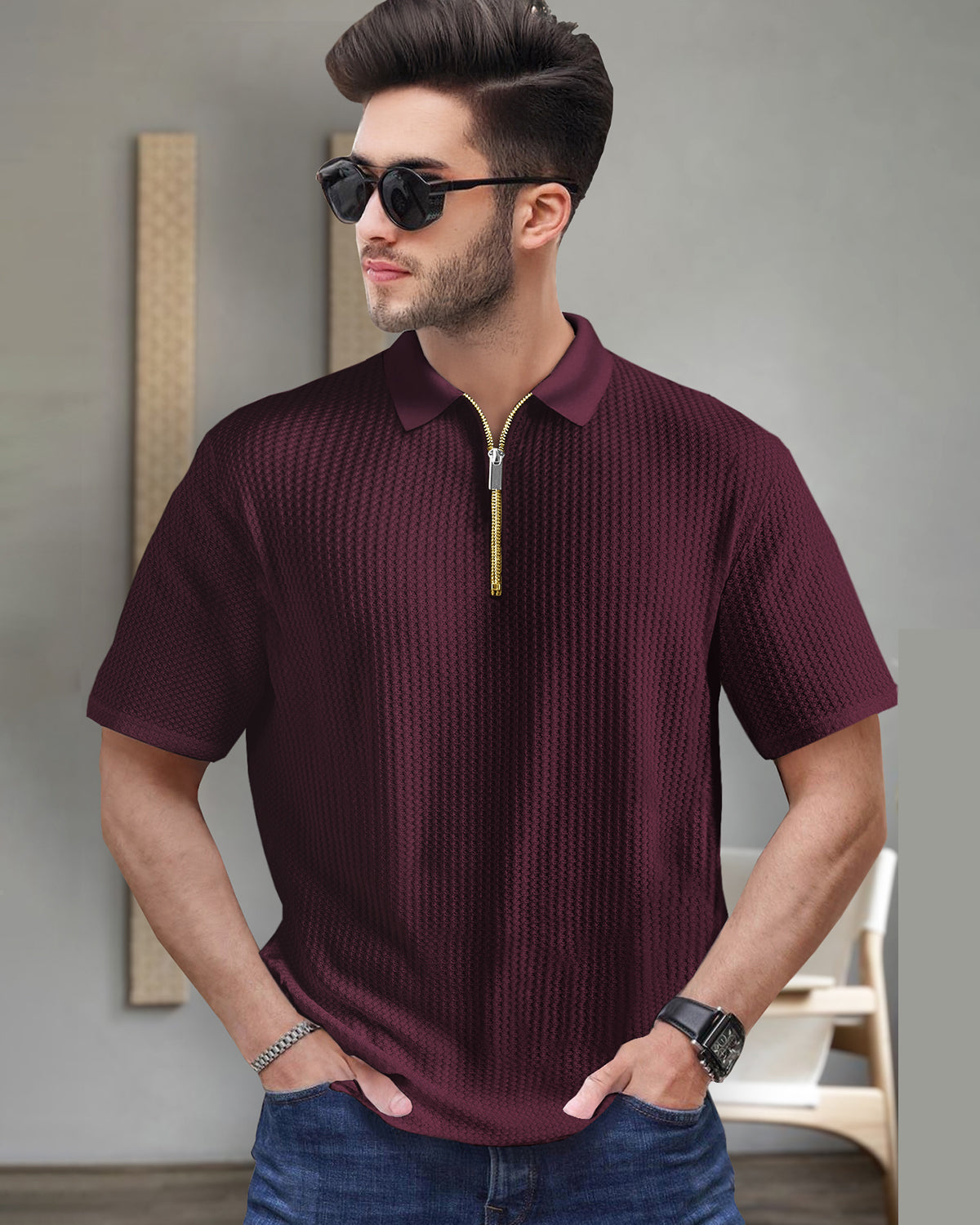 Short Sleeve Polo Fit Maroon Zipper Waffle T Shirt