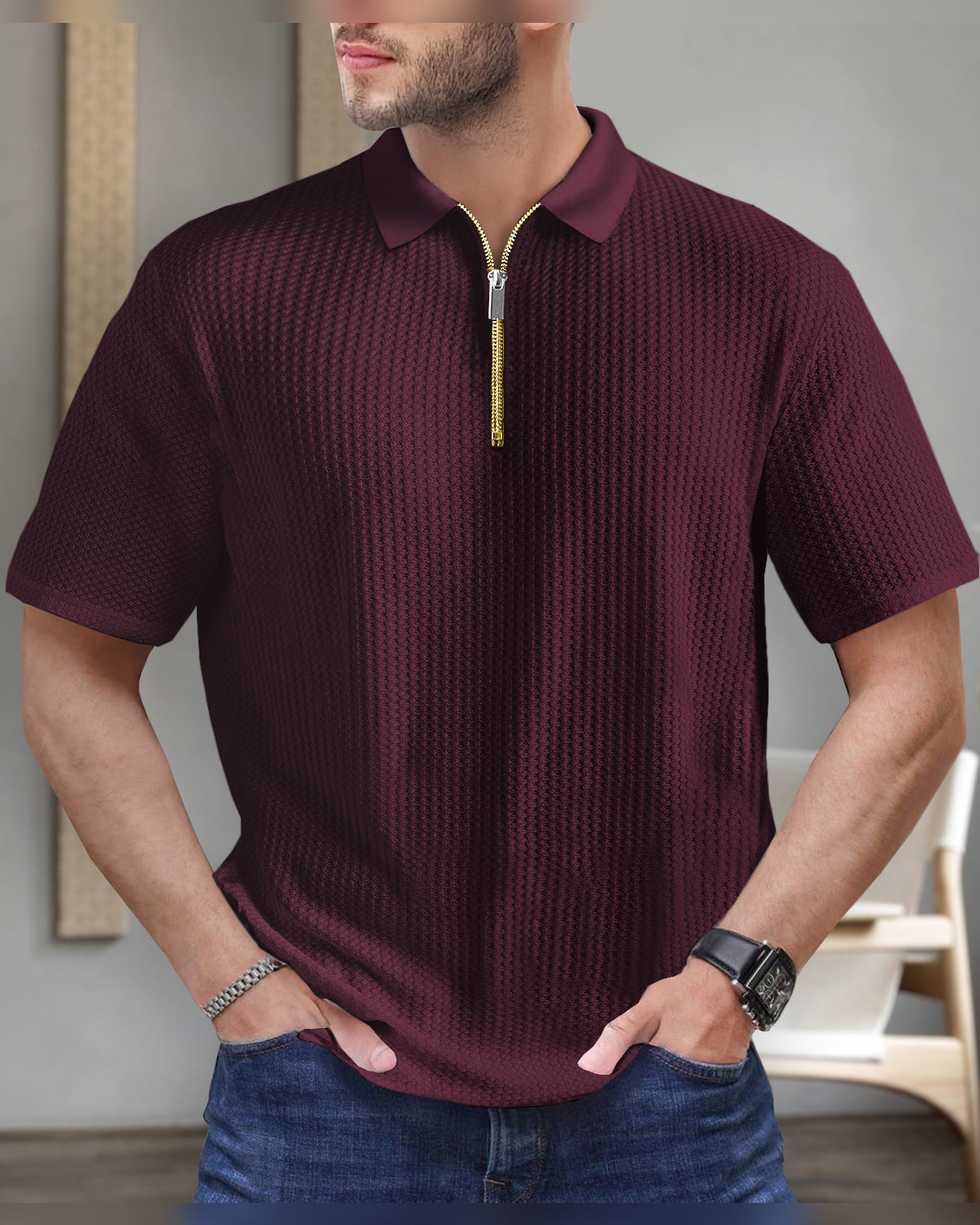 Short Sleeve Polo Fit Maroon Zipper Waffle T Shirt