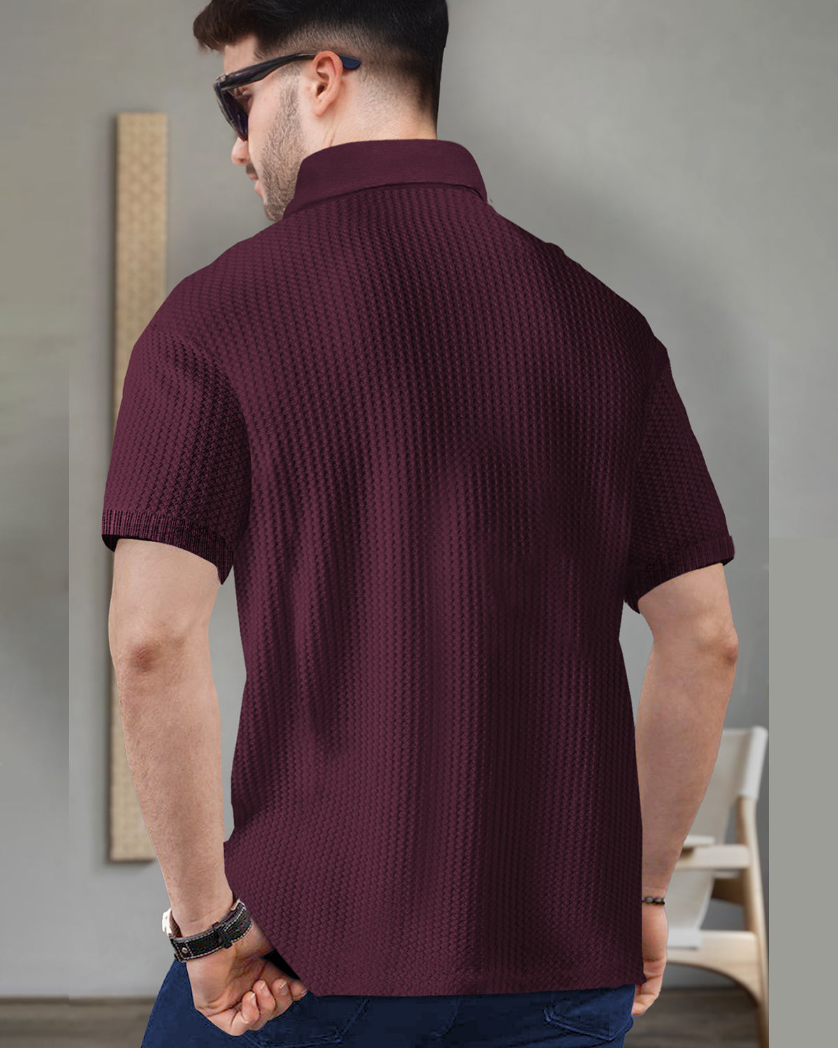Short Sleeve Polo Fit Maroon Zipper Waffle T Shirt