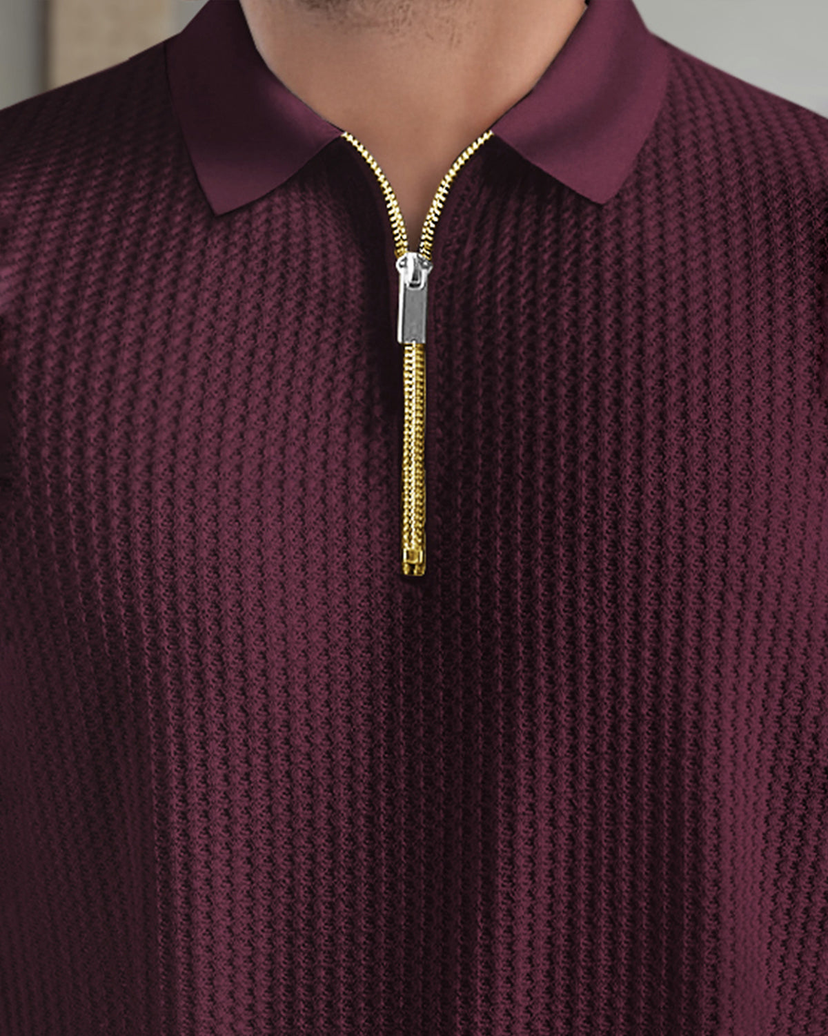 Short Sleeve Polo Fit Maroon Zipper Waffle T Shirt