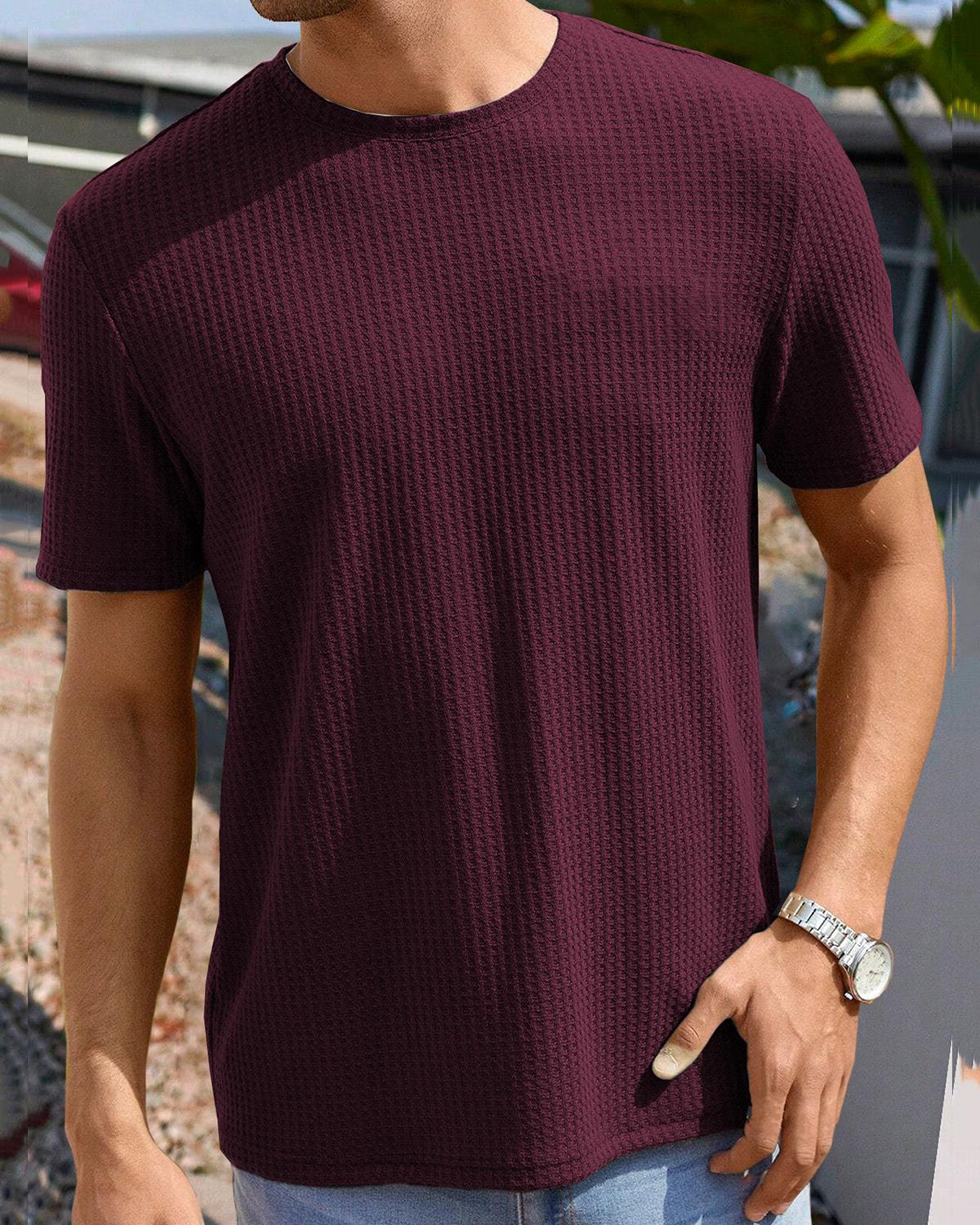 Maroon Half Sleeve Waffle T Shirt with Round Neck