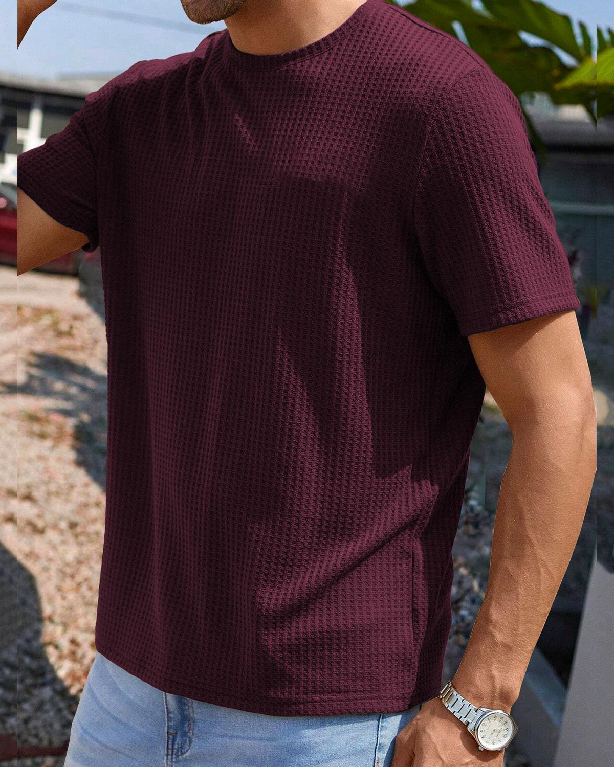 Maroon Half Sleeve Waffle T Shirt with Round Neck