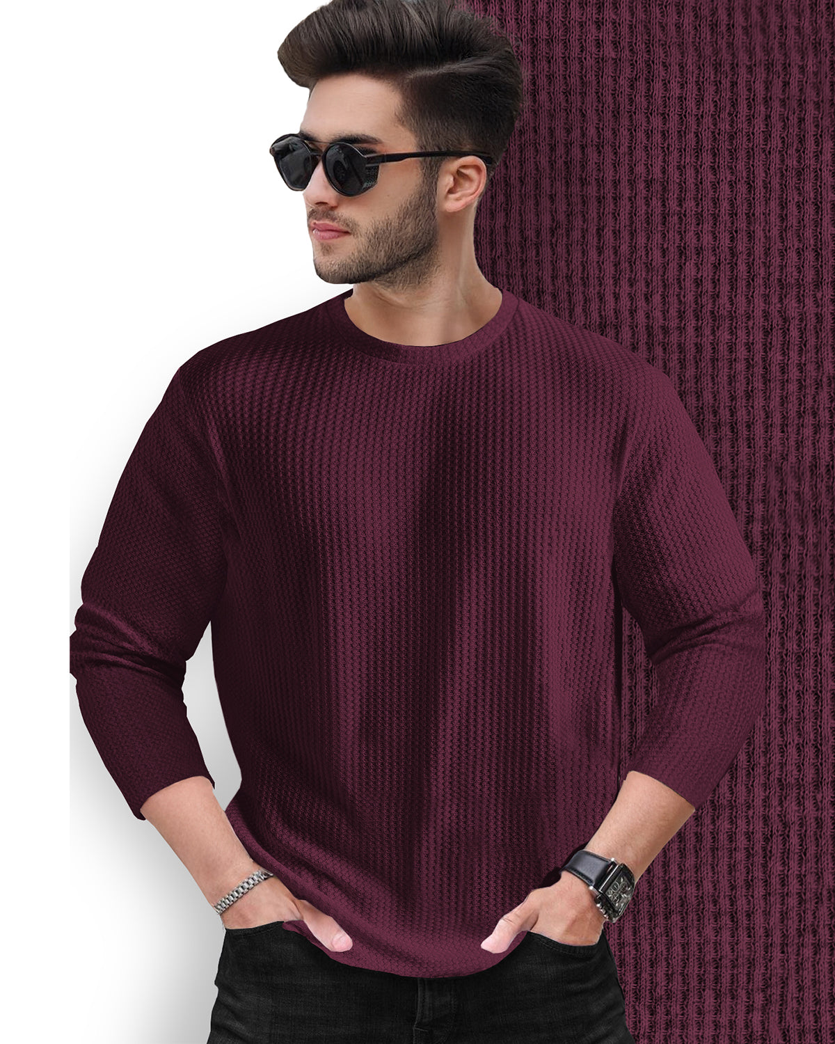 Maroon Long Sleeve Waffle T Shirt Plain with Round Neck
