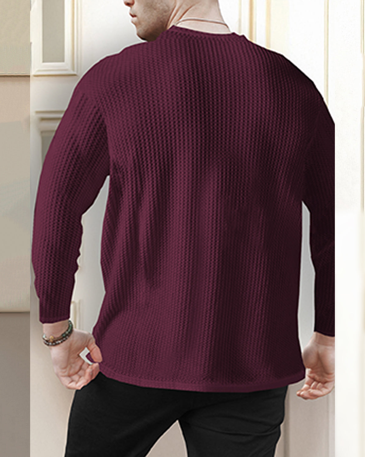 Maroon Long Sleeve Waffle T Shirt Plain with Round Neck