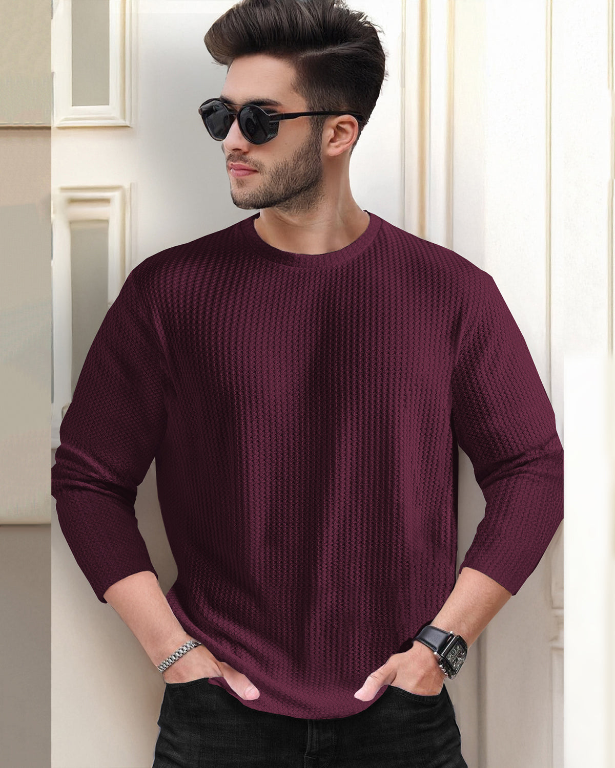 Maroon Long Sleeve Waffle T Shirt Plain with Round Neck