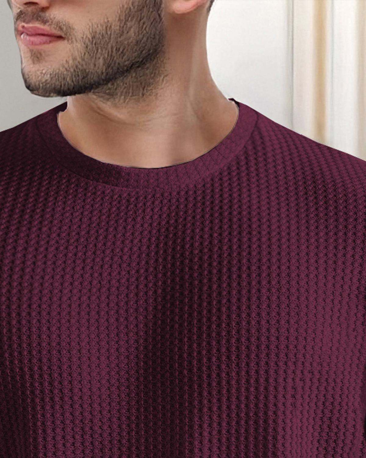 Maroon Long Sleeve Waffle T Shirt Plain with Round Neck