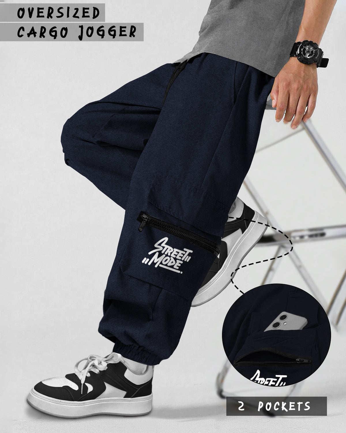 Navy Blue Printed Baggy Cargo Joggers