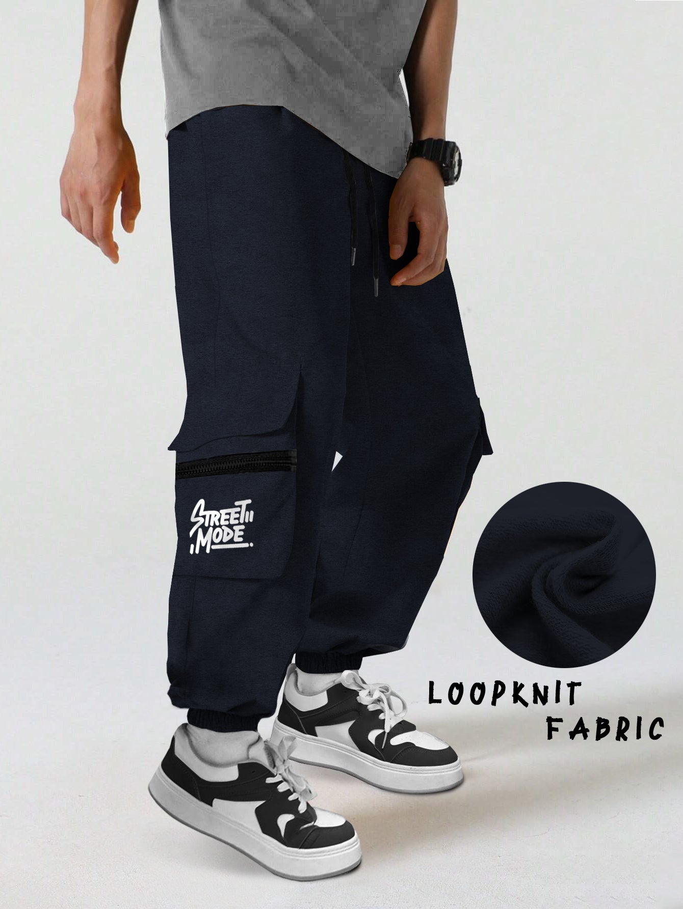 Navy Blue Printed Baggy Cargo Joggers