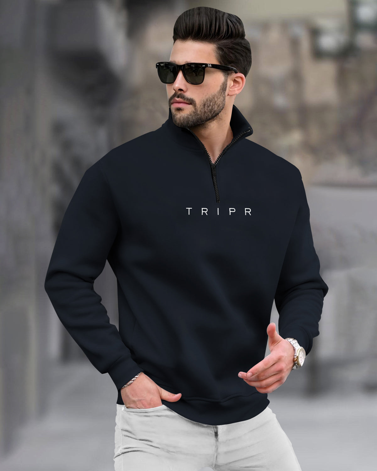 Navy Blue Sweatshirt with High Neck Zipper