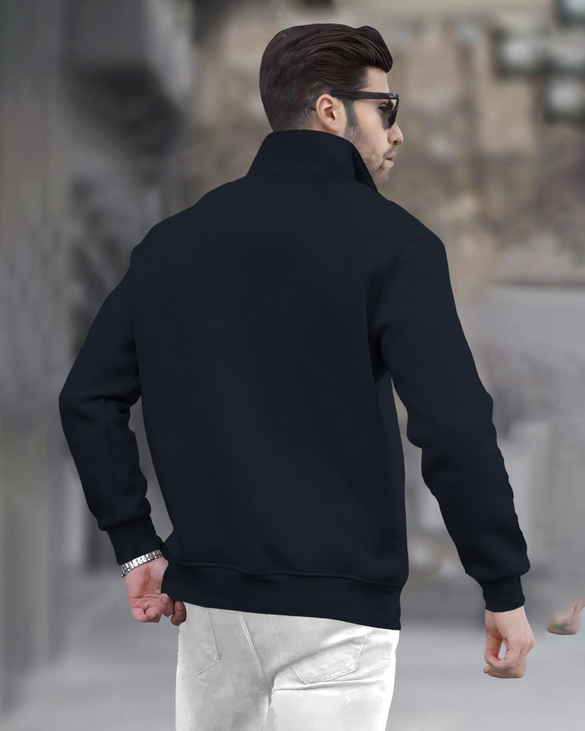 Navy Blue Sweatshirt with High Neck Zipper