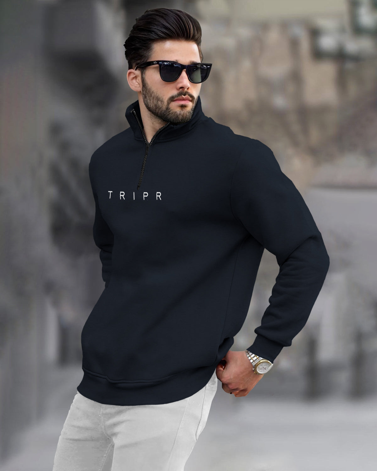 Navy Blue Sweatshirt with High Neck Zipper