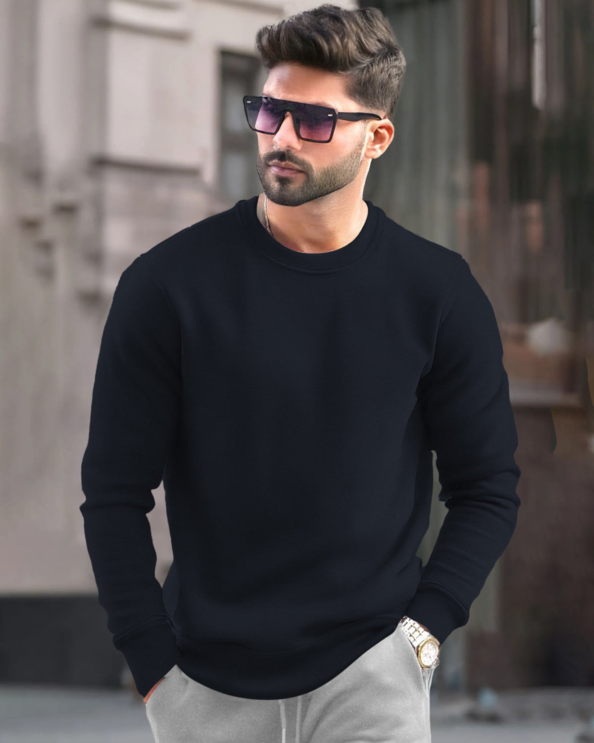 Navy Blue Casual Plain Sweatshirt with Regular Fit
