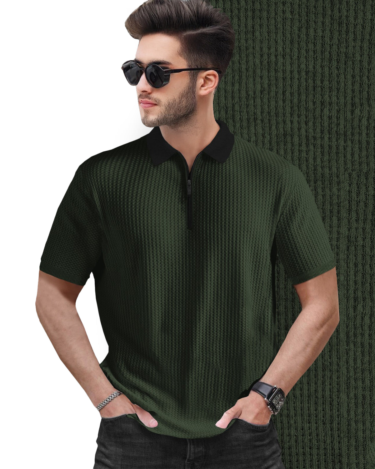 Olive Green Waffle T Shirt Polo Fit with Short Sleeve