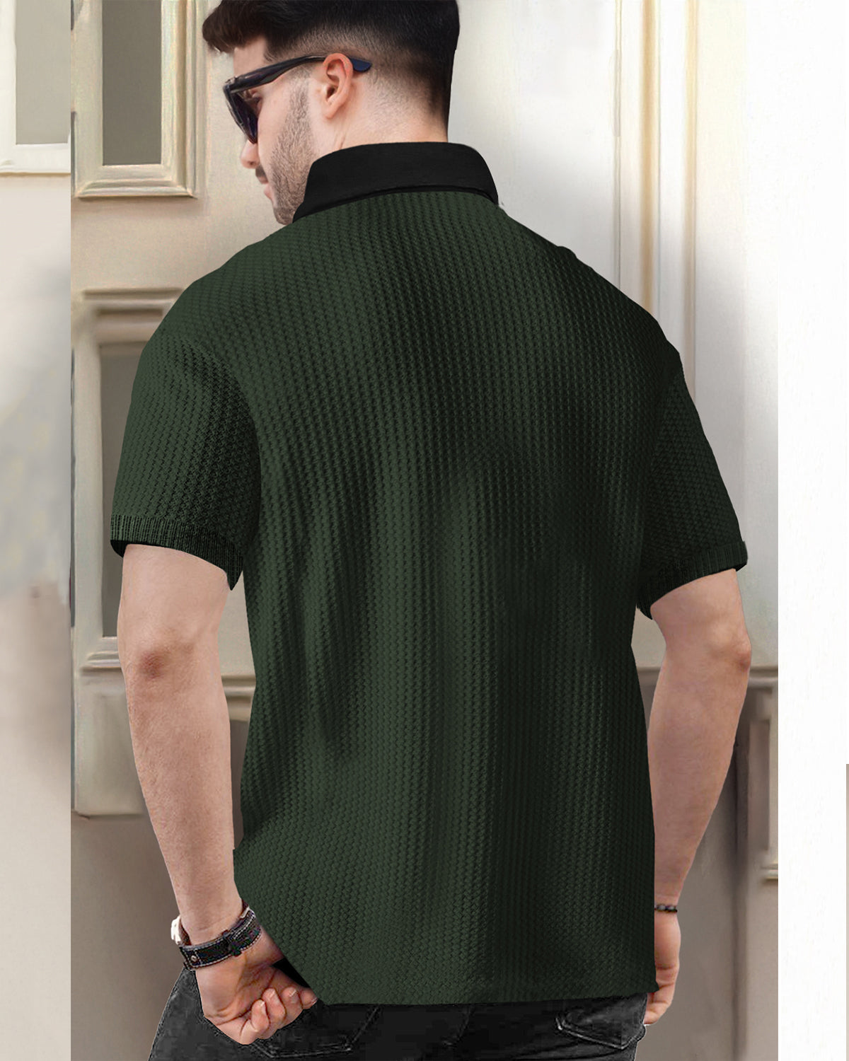 Olive Green Waffle T Shirt Polo Fit with Short Sleeve