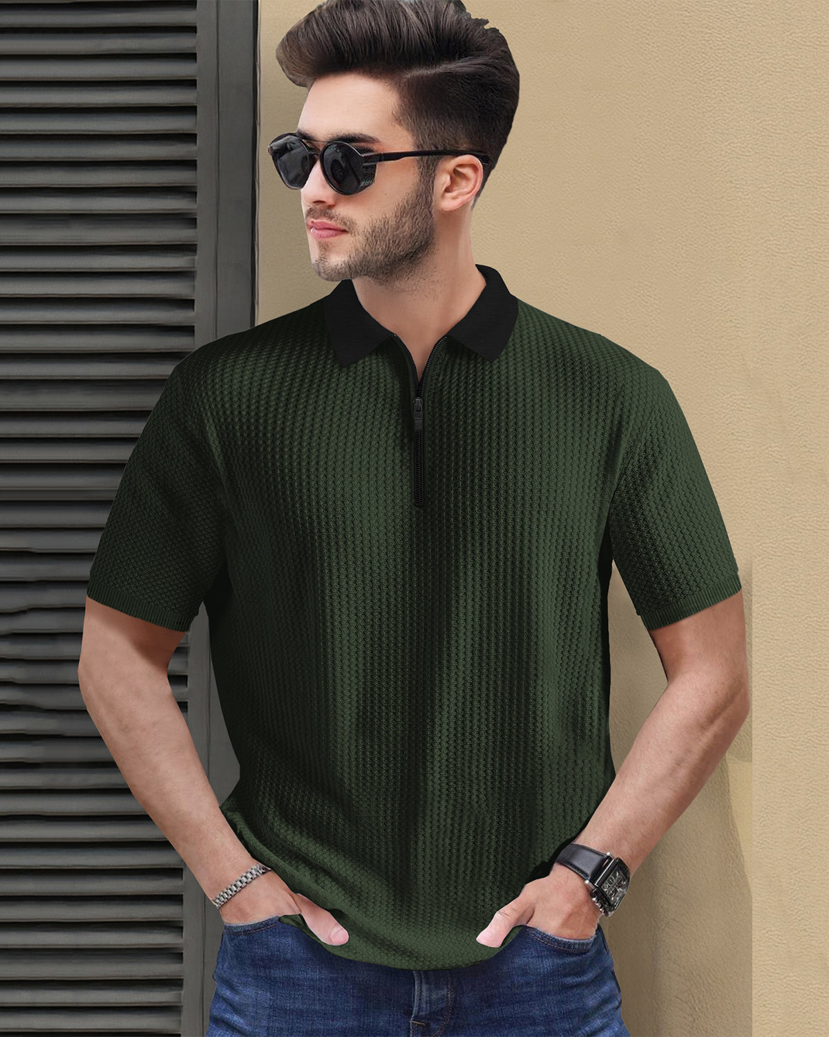 Olive Green Waffle T Shirt Polo Fit with Short Sleeve