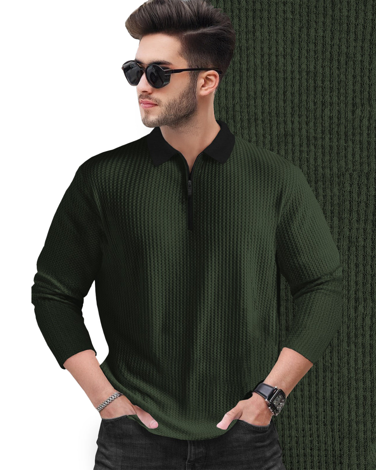 Olive Green Long Sleeve Zip Polo Fit Waffle T Shirt
