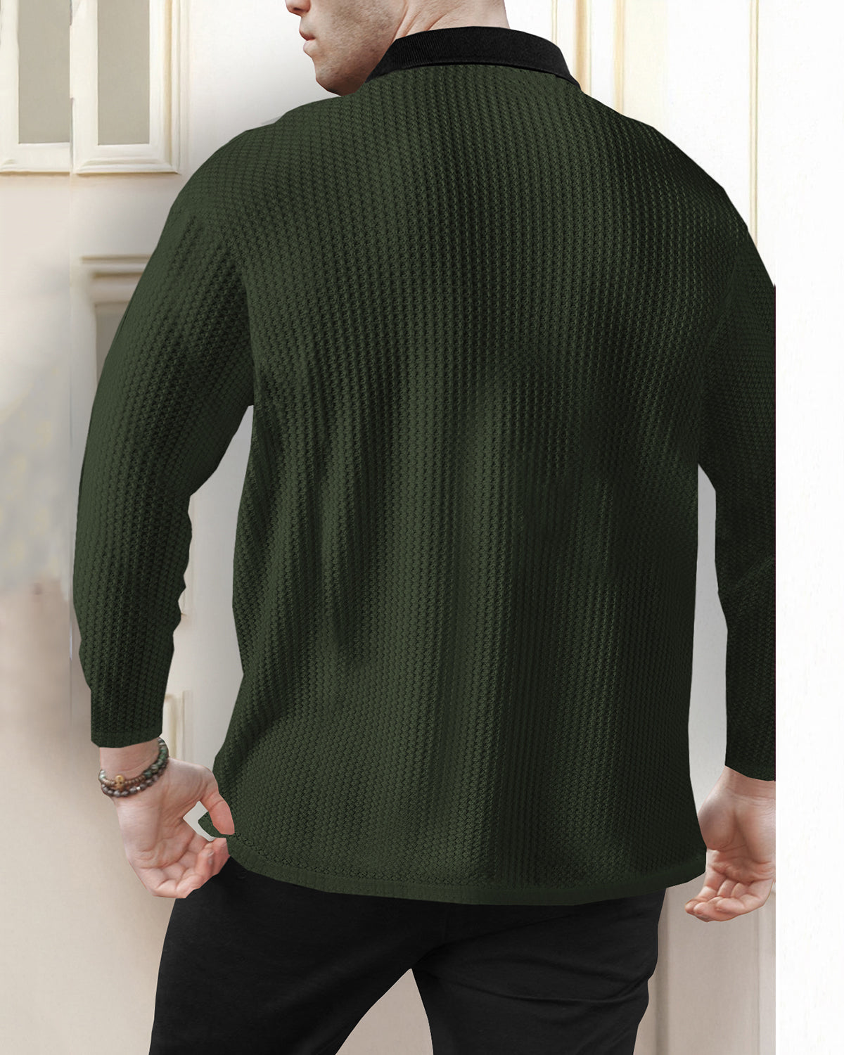 Olive Green Long Sleeve Zip Polo Fit Waffle T Shirt