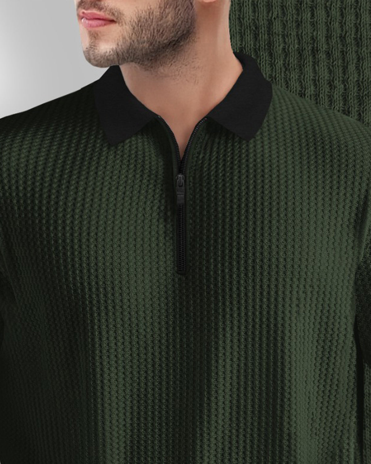Olive Green Long Sleeve Zip Polo Fit Waffle T Shirt