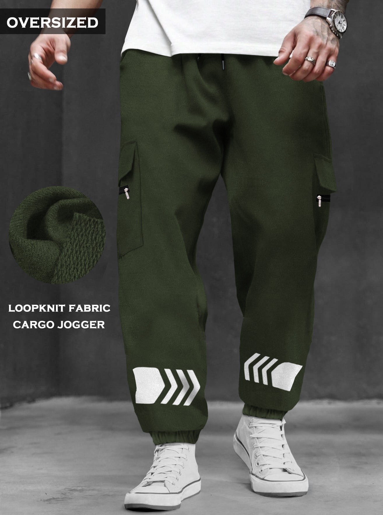 Olive Green Printed Baggy Cargo Joggers