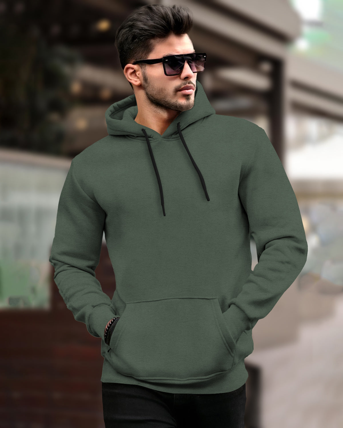 Olive Green Plain Hooded Sweatshirt with Side Pockets