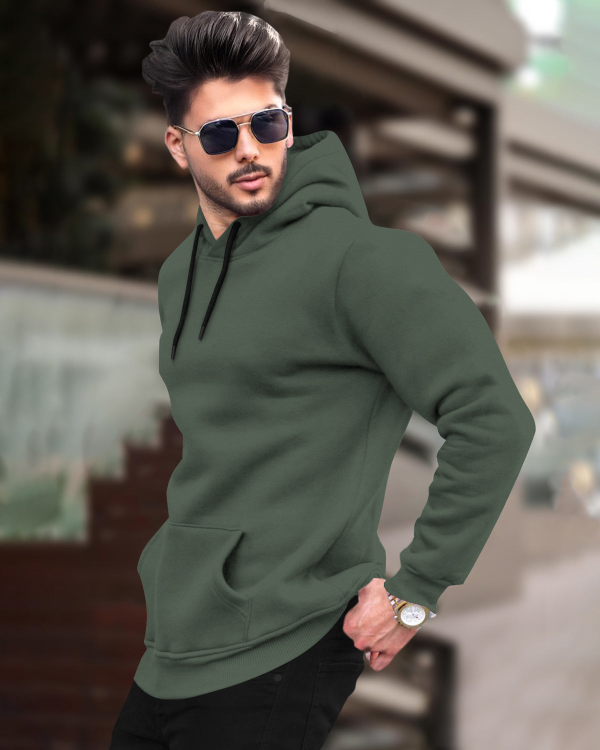 Olive Green Plain Hooded Sweatshirt with Side Pockets