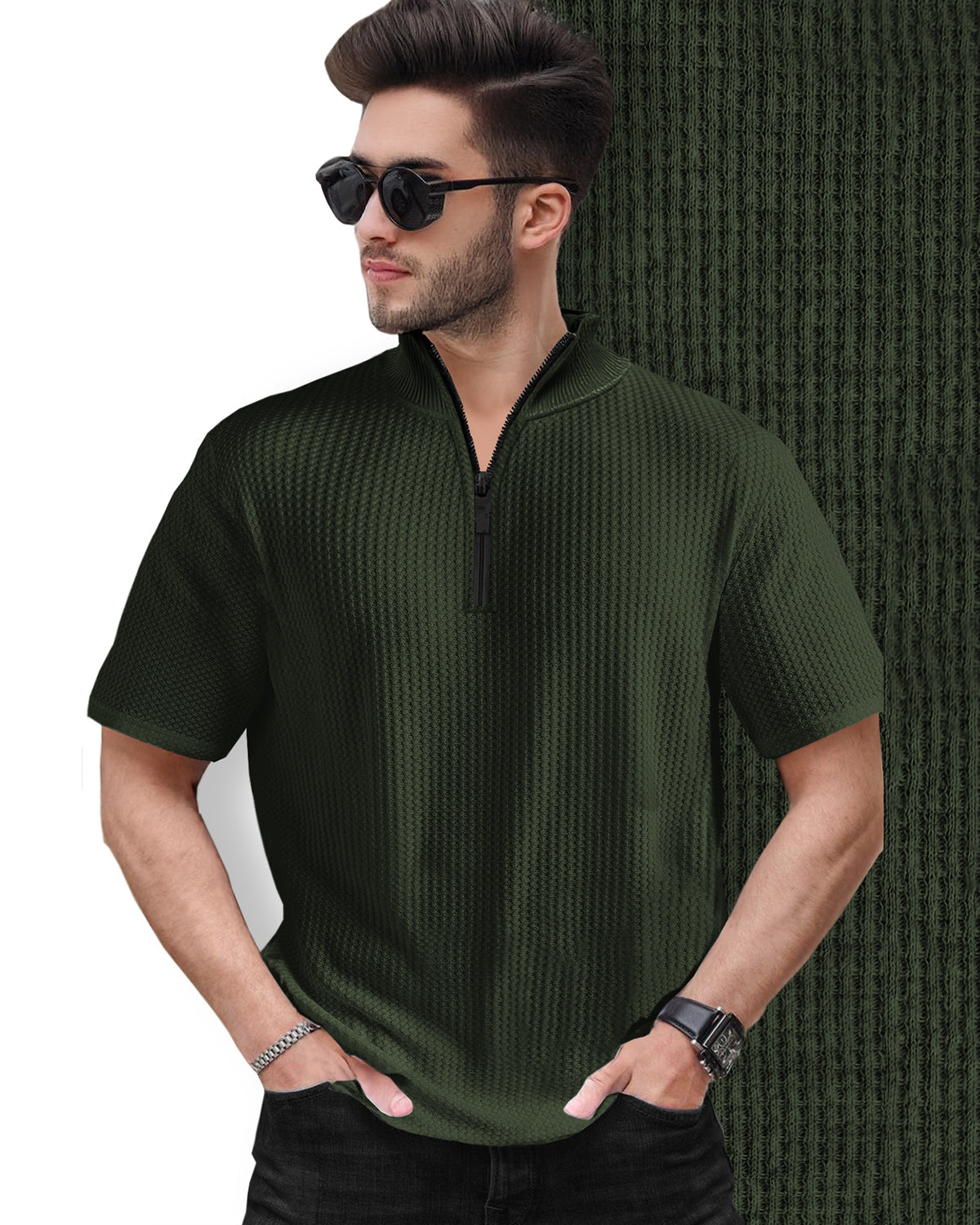 Waffle Short Sleeve T Shirt with Zipper High Neck Olive Green