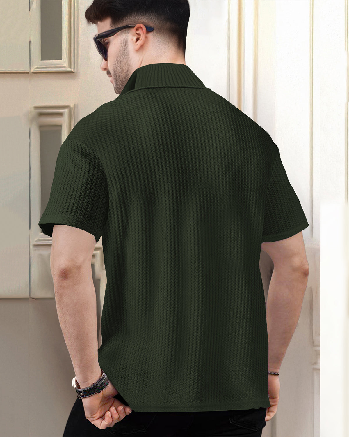 Waffle Short Sleeve T Shirt with Zipper High Neck Olive Green