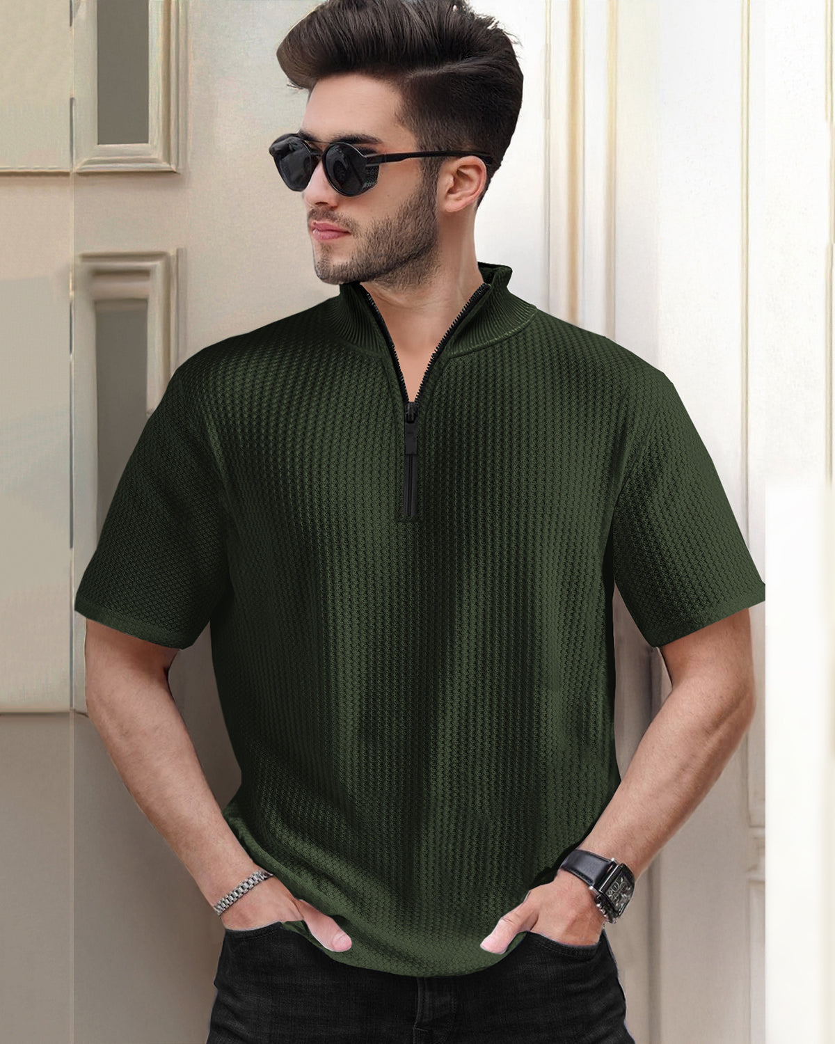 Waffle Short Sleeve T Shirt with Zipper High Neck Olive Green