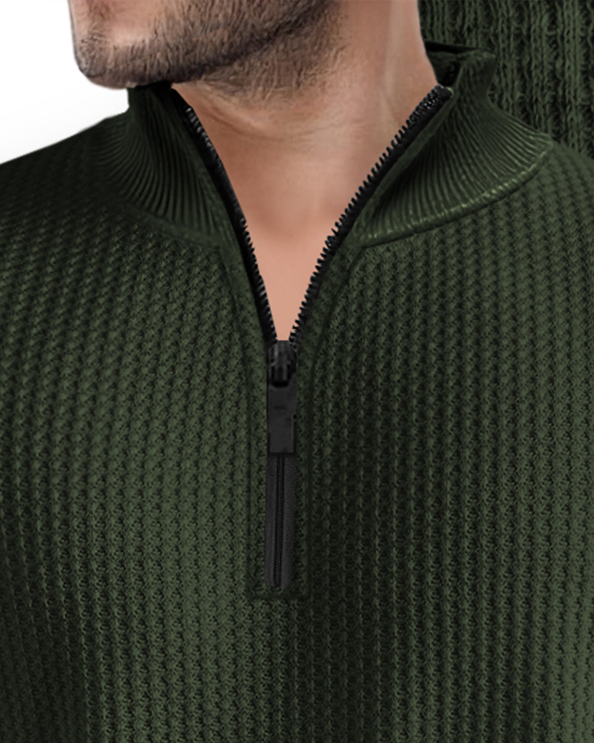 Waffle Short Sleeve T Shirt with Zipper High Neck Olive Green