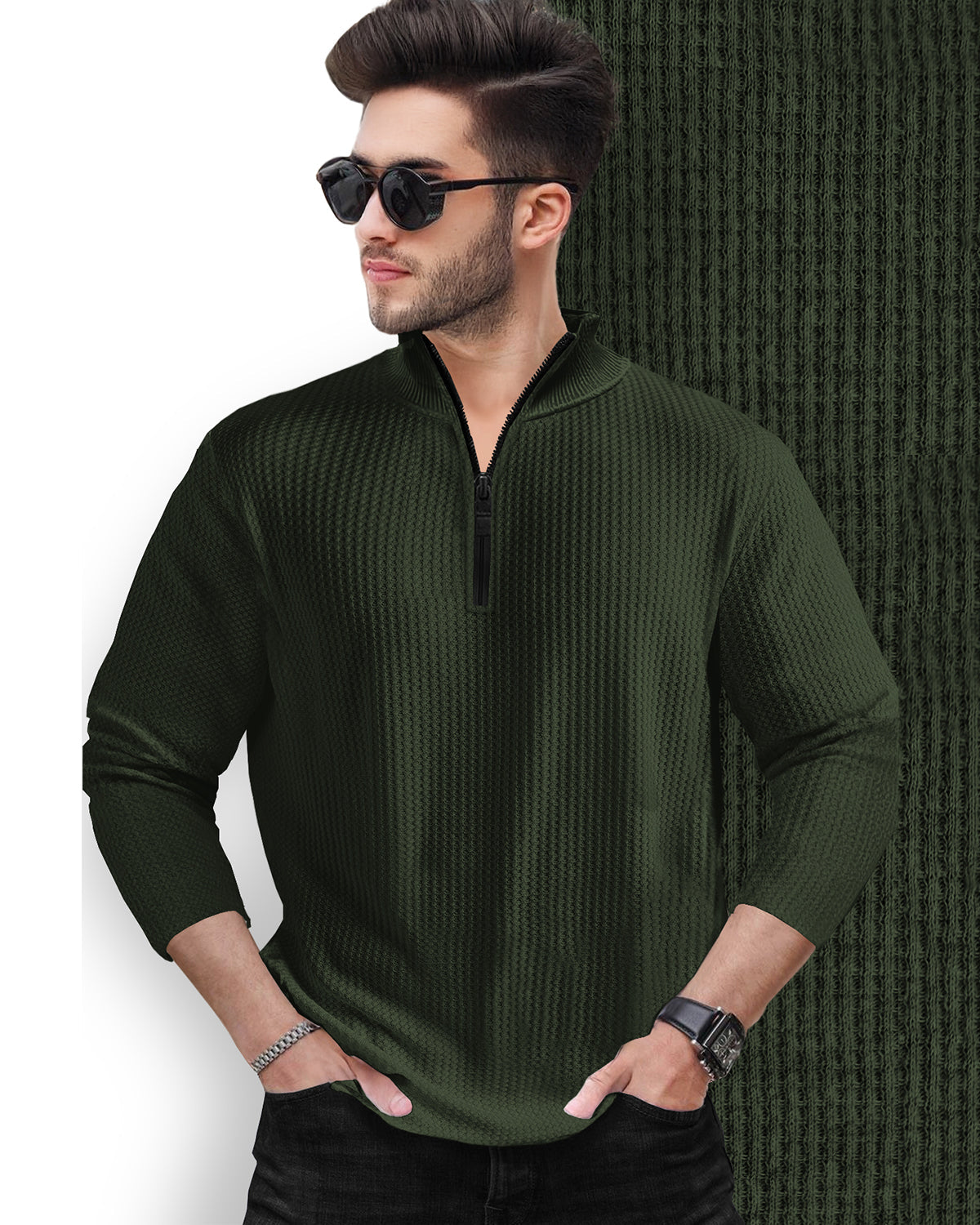 Long Sleeve High Neck Waffle T Shirt with Zipper in Olive Green