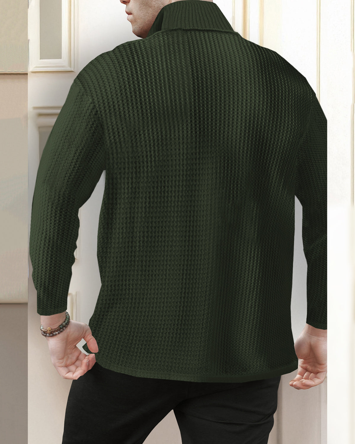 Long Sleeve High Neck Waffle T Shirt with Zipper in Olive Green