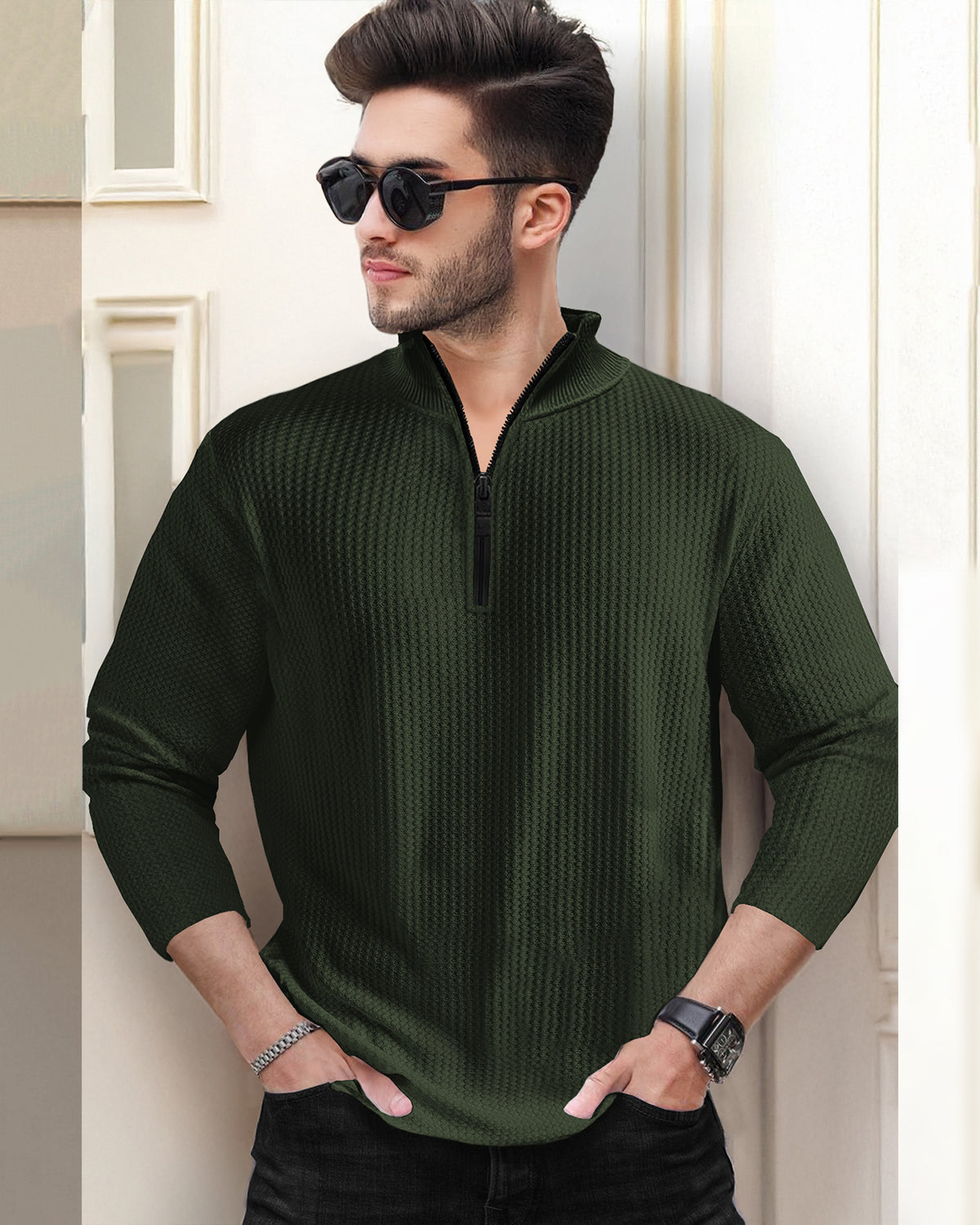 Long Sleeve High Neck Waffle T Shirt with Zipper in Olive Green