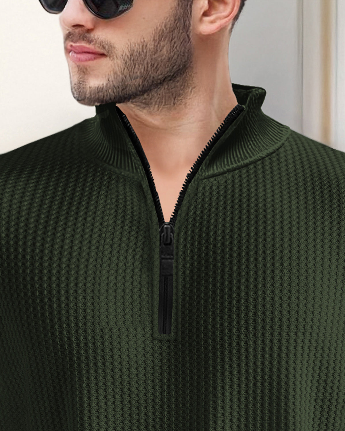 Long Sleeve High Neck Waffle T Shirt with Zipper in Olive Green