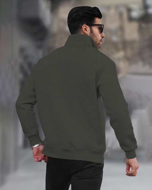 Casual High Neck Zipper Olive Green Plain Sweatshirt