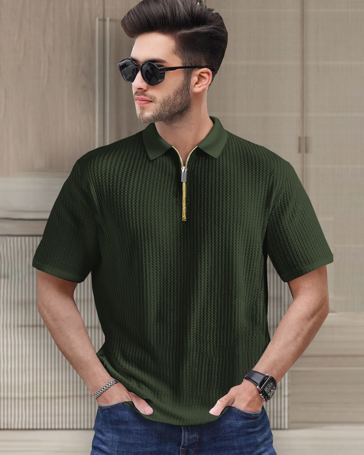 Short Sleeve Olive Polo Fit Zipper Waffle T Shirt