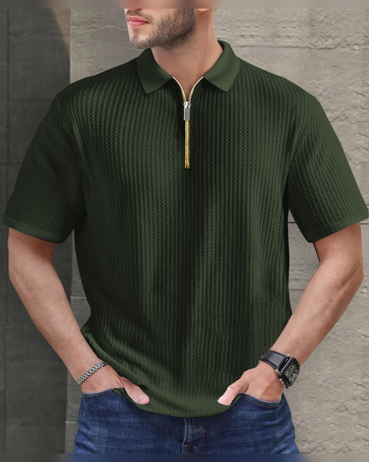 Short Sleeve Olive Polo Fit Zipper Waffle T Shirt