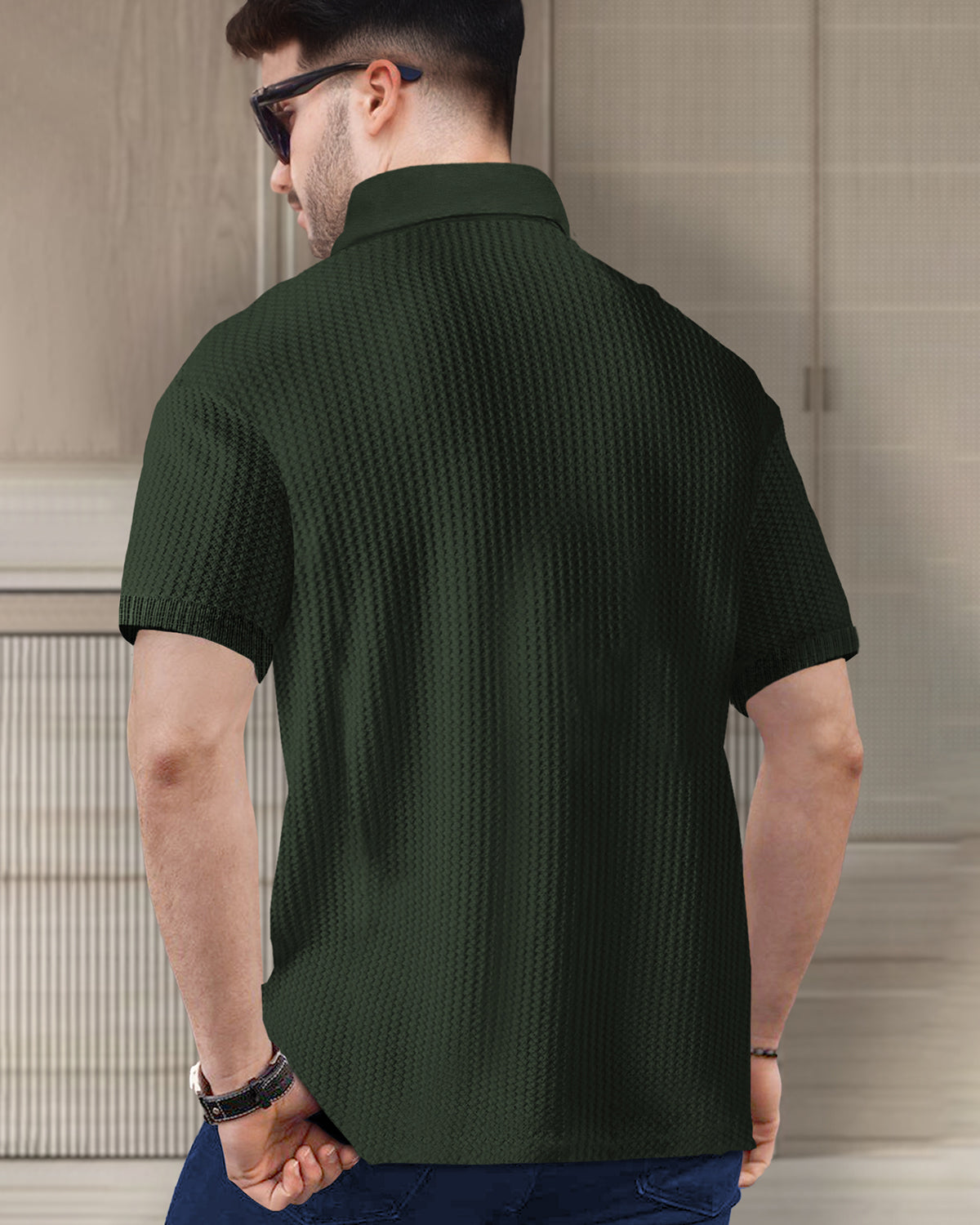 Short Sleeve Olive Polo Fit Zipper Waffle T Shirt