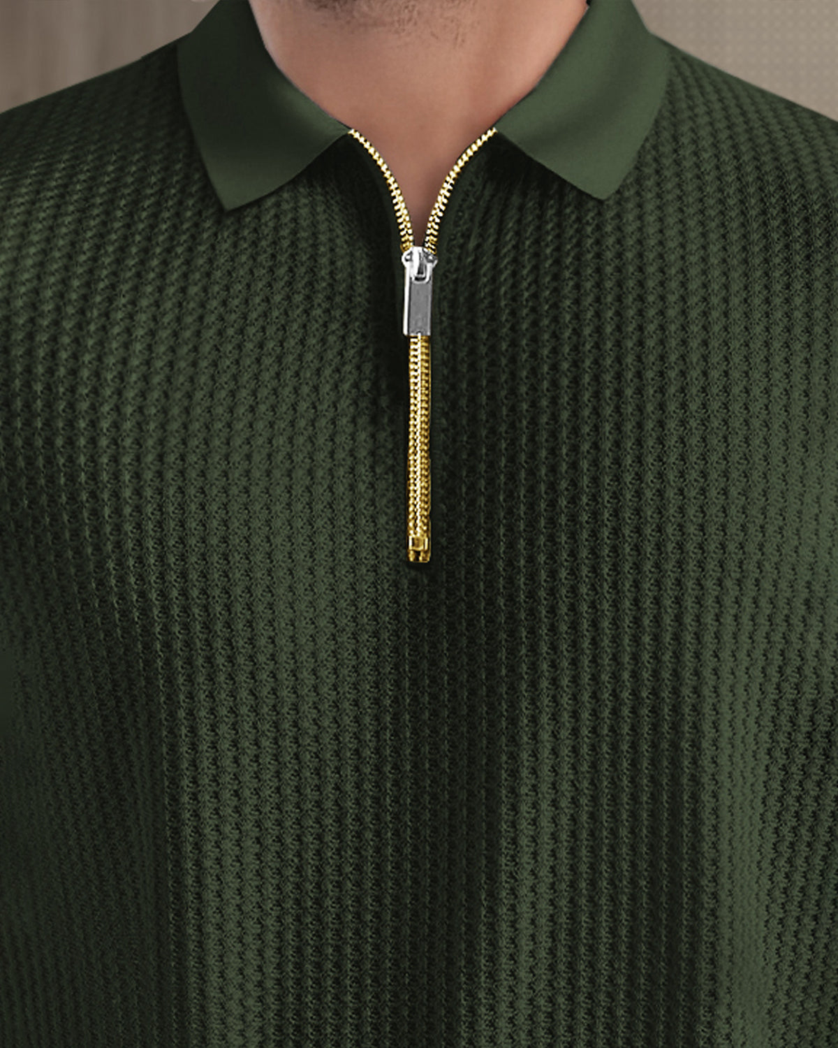 Short Sleeve Olive Polo Fit Zipper Waffle T Shirt