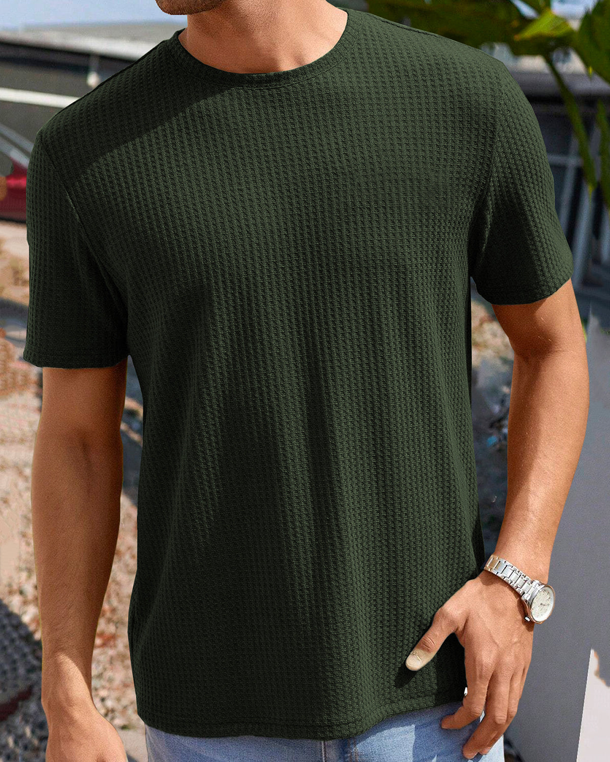Olive Green Round Neck Waffle T Shirt Half Sleeve Plain