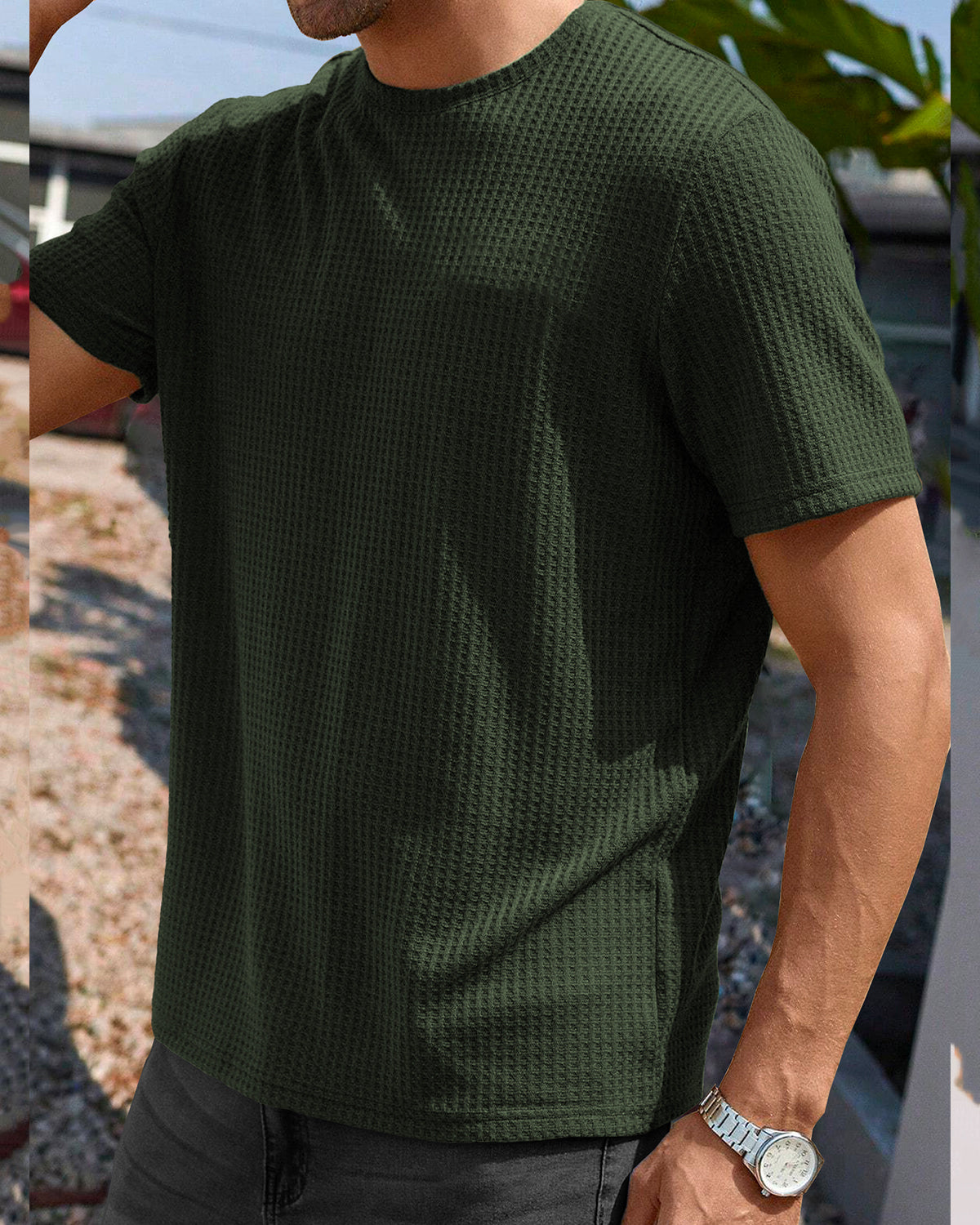 Olive Green Round Neck Waffle T Shirt Half Sleeve Plain